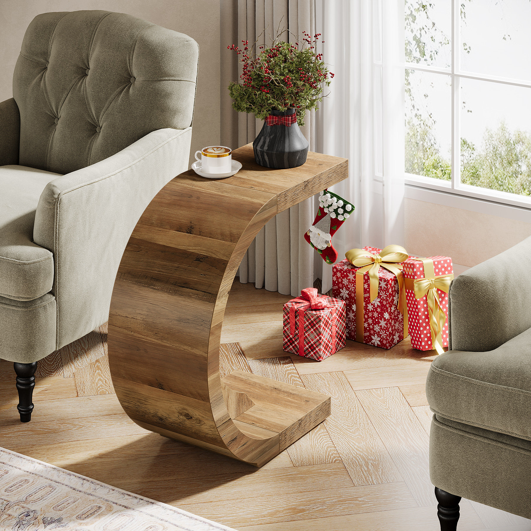 Millwood Pines C-Shaped End Table, Wood Side Table For Couch Sofa